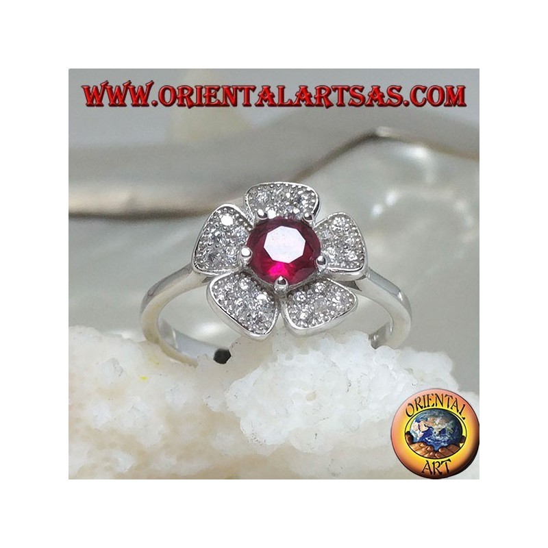 Silberring in Form einer Walderdbeerblume mit Granatkronenset und Zirkonblättern