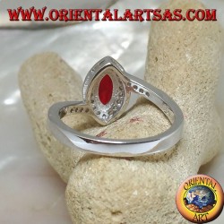 Silver ring with shuttle garnet set surrounded by zircons and asymmetrical setting