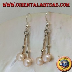 Silberohrringe mit Hängestange mit zentralem Markasit und endgültiger rosa Süßwasserperle