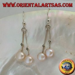 Pendientes de plata con varilla colgante con marcasita central y perla rosa de agua dulce final