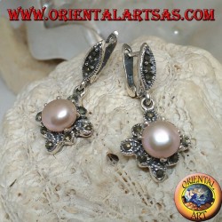 Silver earrings with freshwater pearl set on a square marcassite rhombus