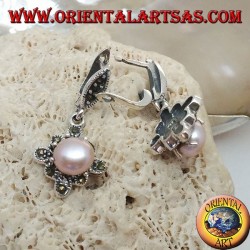 Silver earrings with freshwater pearl set on a square marcassite rhombus