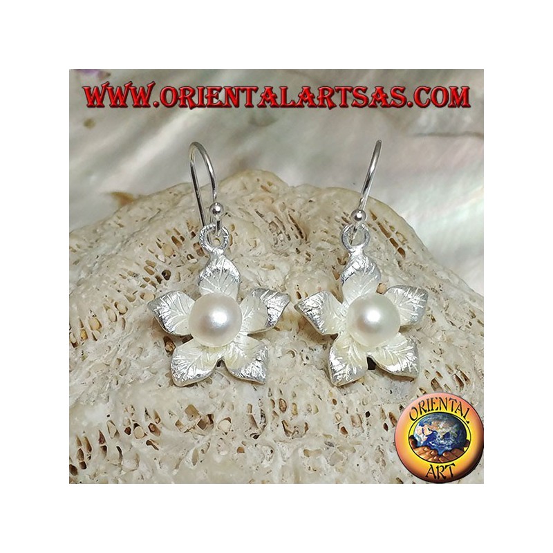 Silver earrings with leaf in the shape of a pendant satin star and white water pearl