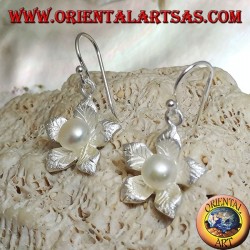 Boucles d'oreilles en argent avec feuille en forme de pendentif étoile en satin et perle d'eau blanche