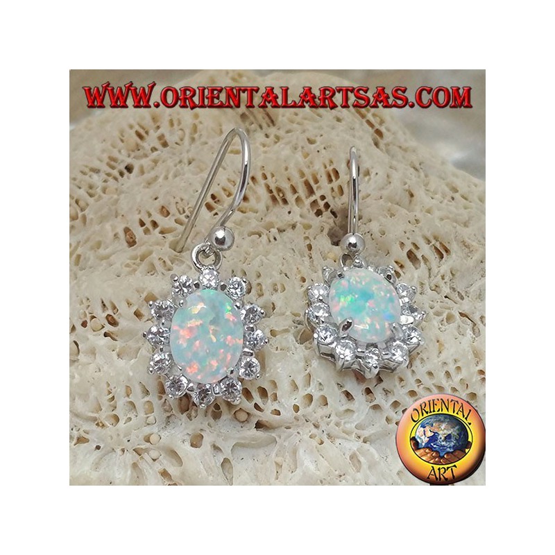 Silver earrings with oval white opal set surrounded by zircons (small)