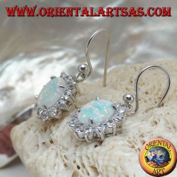 Silver earrings with oval white opal set surrounded by zircons (small)