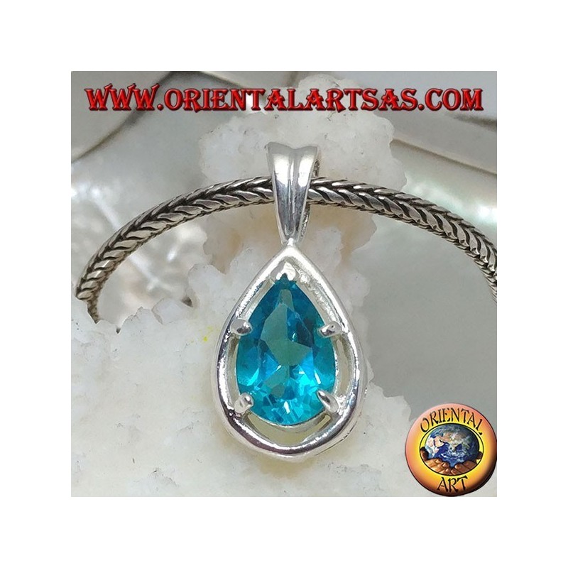 Silver pendant with faceted blue topaz set on a drop-shaped mount