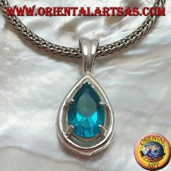 Silver pendant with faceted blue topaz set on a drop-shaped mount