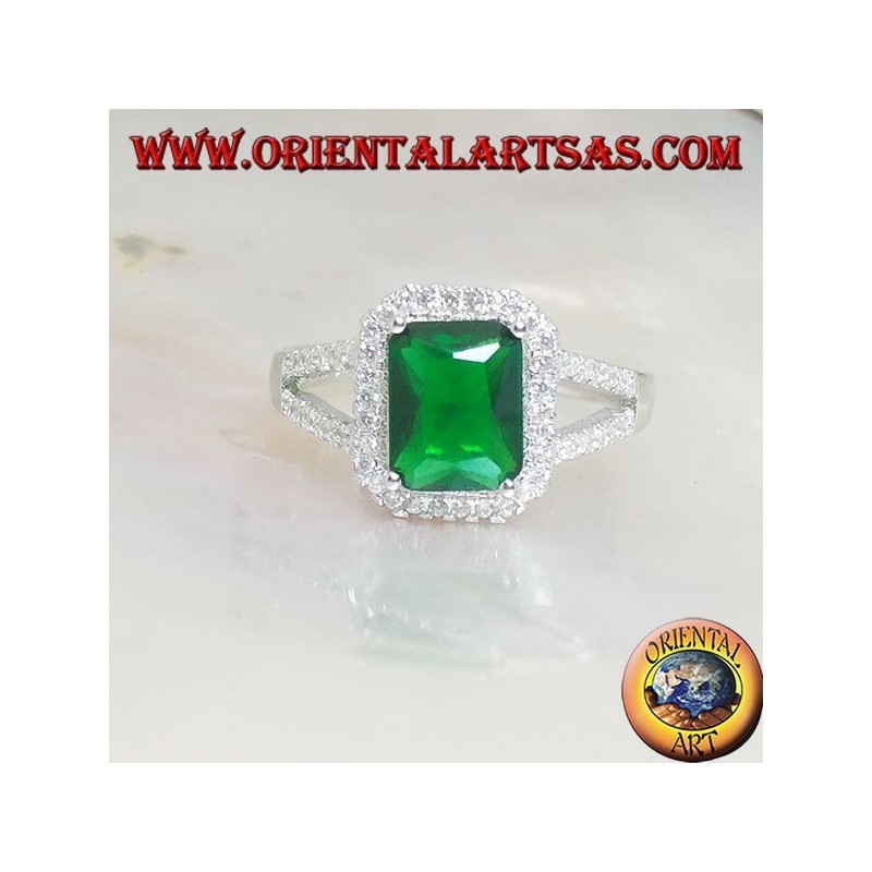 Silver ring with rectangular synthetic emerald set surrounded by zircons and two lateral lines