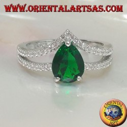 Silver ring with synthetic drop emerald set and two zircon-tipped lines