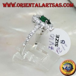 Silver ring with synthetic drop emerald set surrounded by zircons