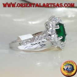 Silver ring with synthetic drop emerald set surrounded by zircons
