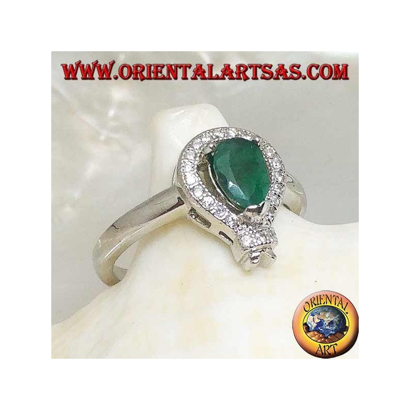 Silver ring with natural drop emerald set surrounded by cubic zirconia and pointed frame