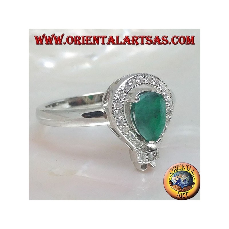 Silver ring with natural drop emerald set surrounded by cubic zirconia and pointed frame