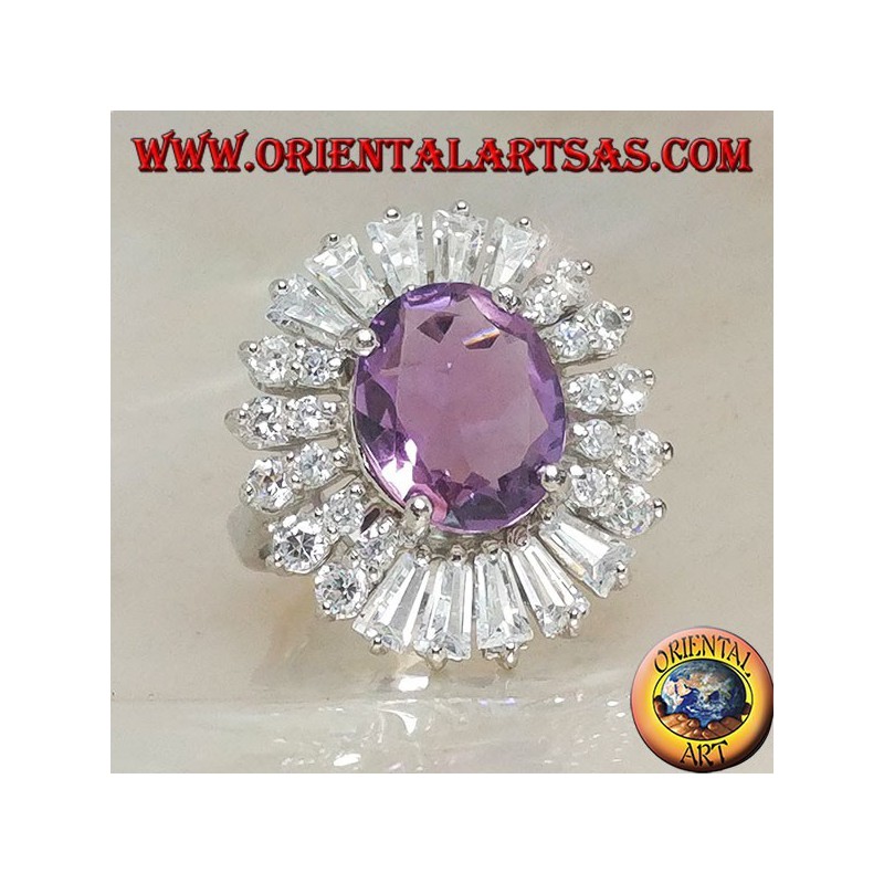 Bague en argent avec améthyste ovale naturelle sertie de plaques de zircon