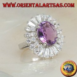 Silver ring with natural oval amethyst set surrounded by zircon plates