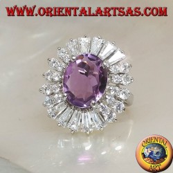 Bague en argent avec améthyste ovale naturelle sertie de plaques de zircon