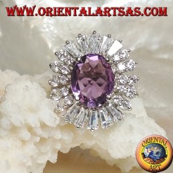 Bague en argent avec améthyste ovale naturelle sertie de plaques de zircon