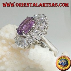Silver ring with natural oval amethyst set surrounded by zircon plates