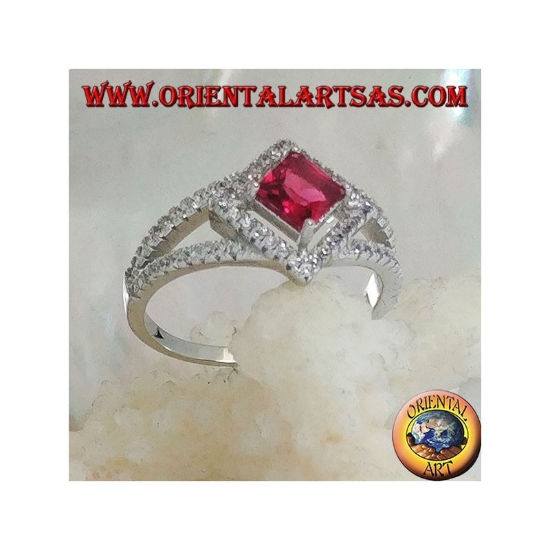 Silver ring with square synthetic ruby set on a rhombus setting with zircons