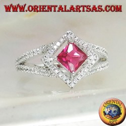 Silver ring with square synthetic ruby set on a rhombus setting with zircons