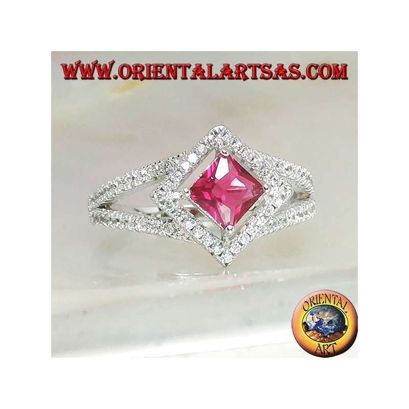 Silver ring with square synthetic ruby set on a rhombus setting with zircons