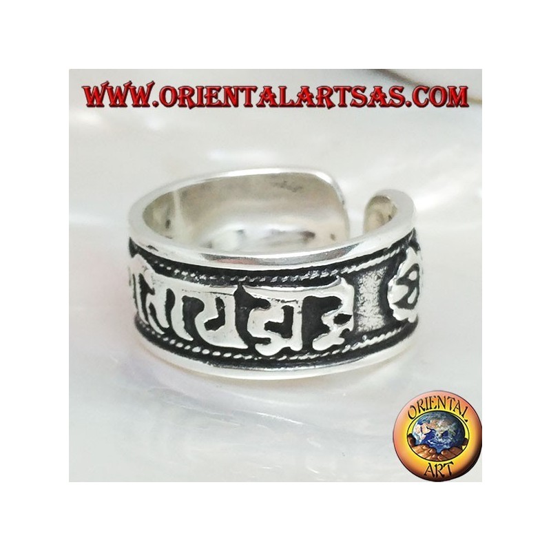 Silver band ring with Tibetan mantra OM MANI PADME HUM in relief (freesize)