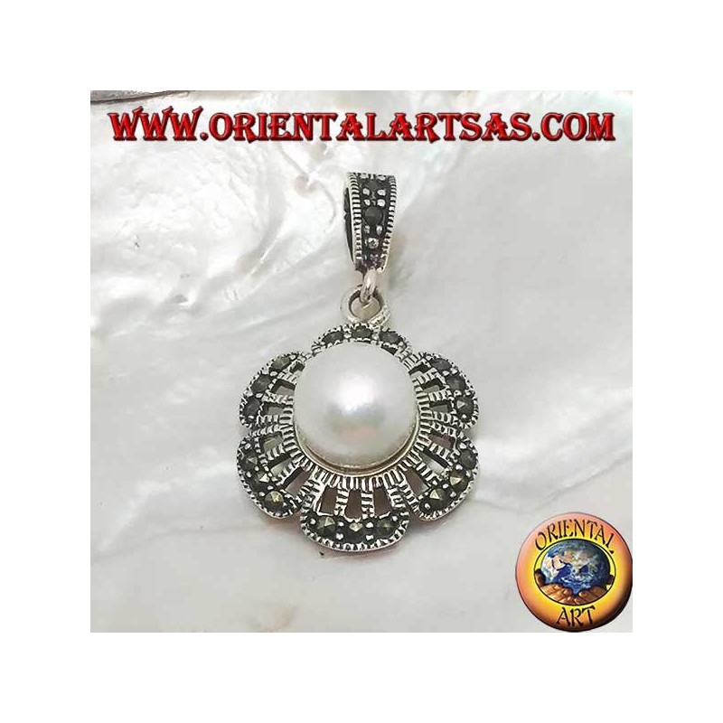 Openwork silver pendant with marcasite on the petals and giant freshwater pearl in the center