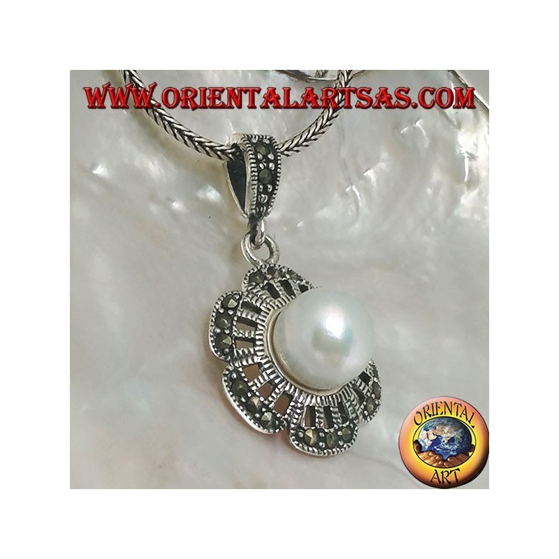Openwork silver pendant with marcasite on the petals and giant freshwater pearl in the center