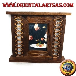 Antique teak wood photo frame with bark woven on the sides of 28x24 cm