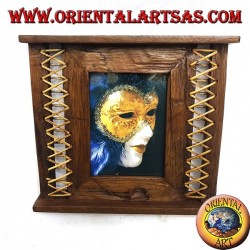 Antiker Fotorahmen aus Teakholz mit 31x27 cm großer gewebter Rinde an den Seiten