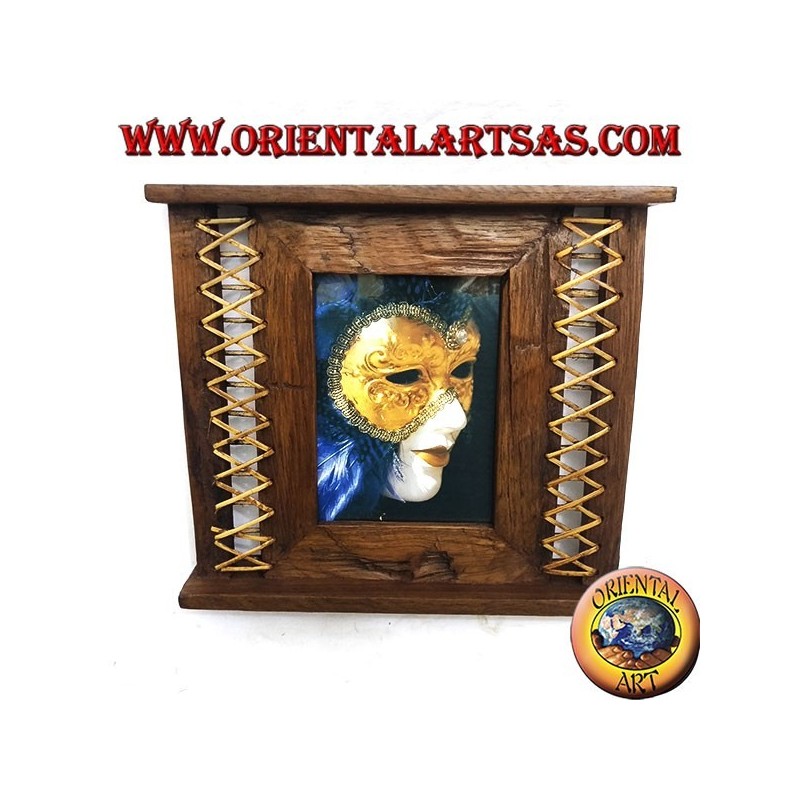 Marco de fotos antiguo de madera de teca con corteza tejida de 31x27 cm en los lados