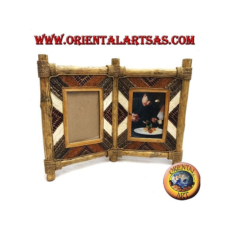 Double photo frame in coffee wood with bark decorations and natural elements 33 x 42 cm