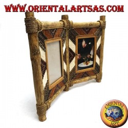 Double photo frame in coffee wood with bark decorations and natural elements 33 x 42 cm