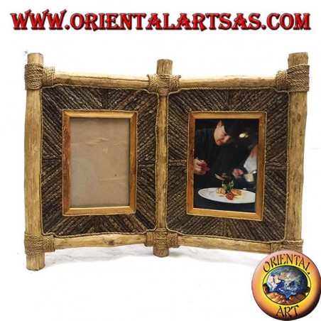 Cadre photo double en bois de café et décorations en bâtonnets d'écorce 33 x 42 cm