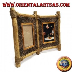 Cadre photo double en bois de café et décorations en bâtonnets d'écorce 33 x 42 cm