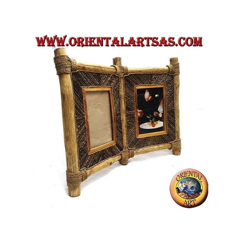 Double photo frame in coffee wood and decorations in bark sticks 33 x 42 cm