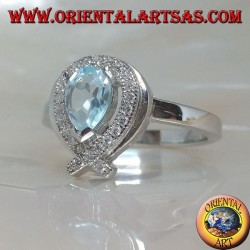 Silver ring with natural blue drop topaz surrounded by zircons (intersection on tip)