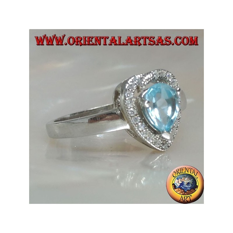 Bague en argent avec topaze goutte bleue naturelle sertie de zircons