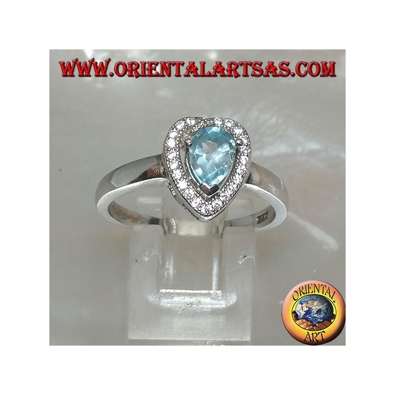 Bague en argent avec topaze goutte bleue naturelle sertie de zircons