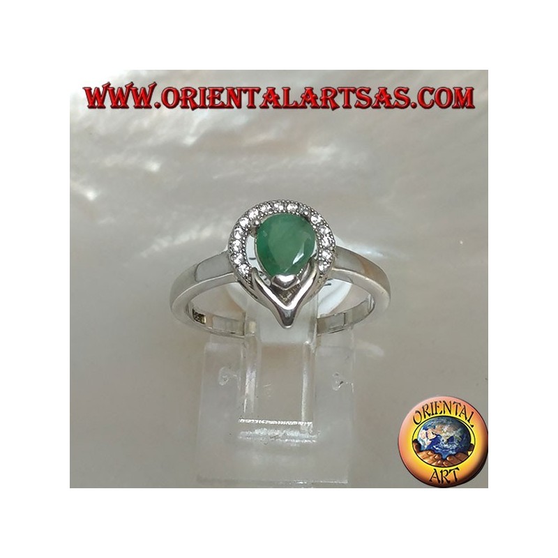 Silver ring with natural drop emerald surrounded by a semicircle of zircons
