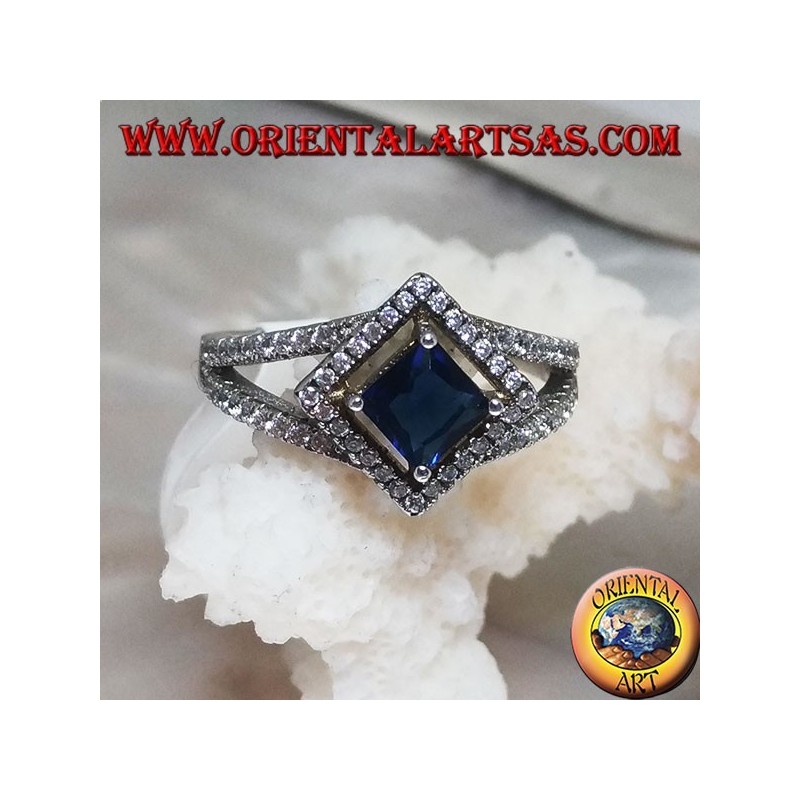 Two-row silver ring of cubic zirconia with rhomboid square synthetic sapphire surrounded by cubic zirconia