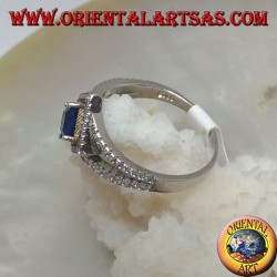 Two-row silver ring of cubic zirconia with rhomboid square synthetic sapphire surrounded by cubic zirconia