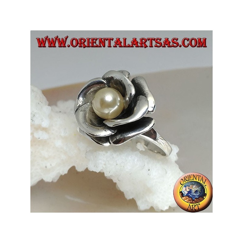 Silver ring with large rose and central freshwater pearl