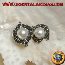 Lever-lock silver earrings with freshwater pearl surrounded by a line of marcasite
