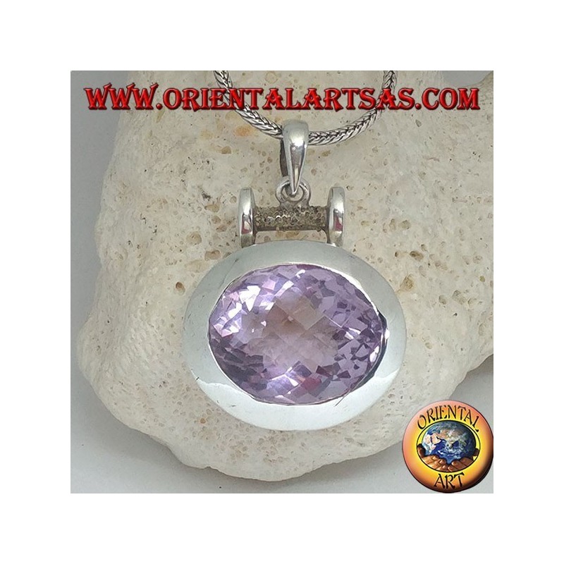 Silver pendant with a splendid large faceted oval natural amethyst on a smooth horizontal setting