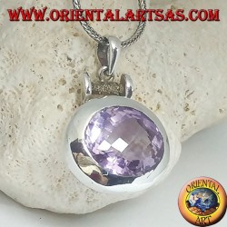Silver pendant with a splendid large faceted oval natural amethyst on a smooth horizontal setting