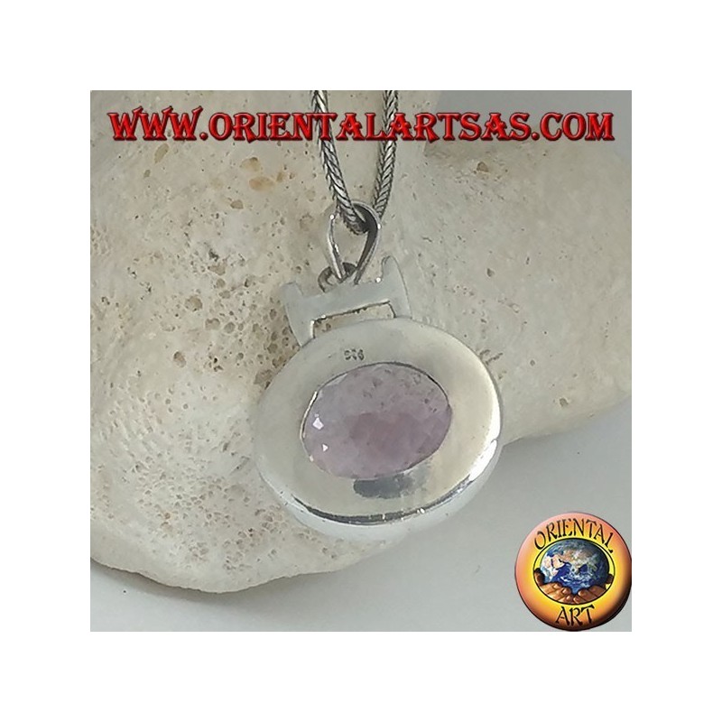 Silver pendant with a splendid large faceted oval natural amethyst on a smooth horizontal setting