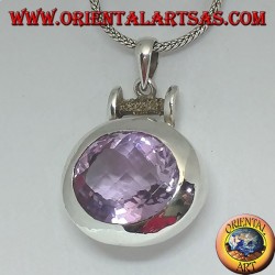 Pendentif en argent avec une splendide grande améthyste naturelle ovale à facettes sur une monture horizontale lisse