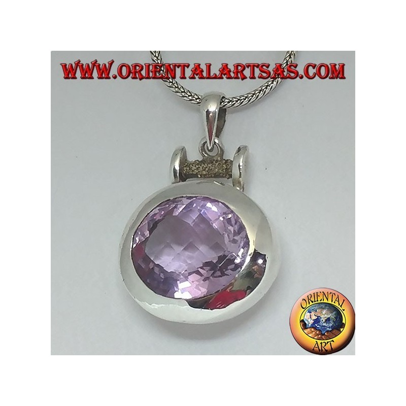Silver pendant with a splendid large faceted oval natural amethyst on a smooth horizontal setting